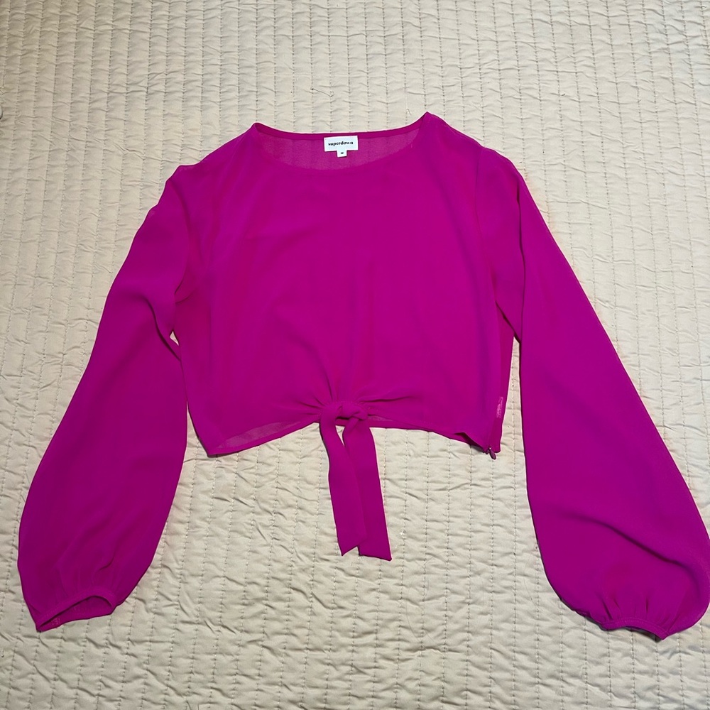 Superdown Tie Front Blouse in Bright Pink Fuchsia - Picture 2 of 2
